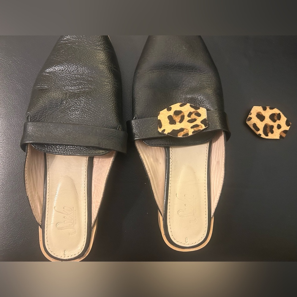 Sseko Black Mules with Leopard Accent
